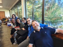 From left to right, Kyra McCoy, Penny Watridge, Rachel Zheng, Taylor Smith, Chuck Mueller, and Scott Haddock pose in a group photo during the BOT meeting on 9-18-2025